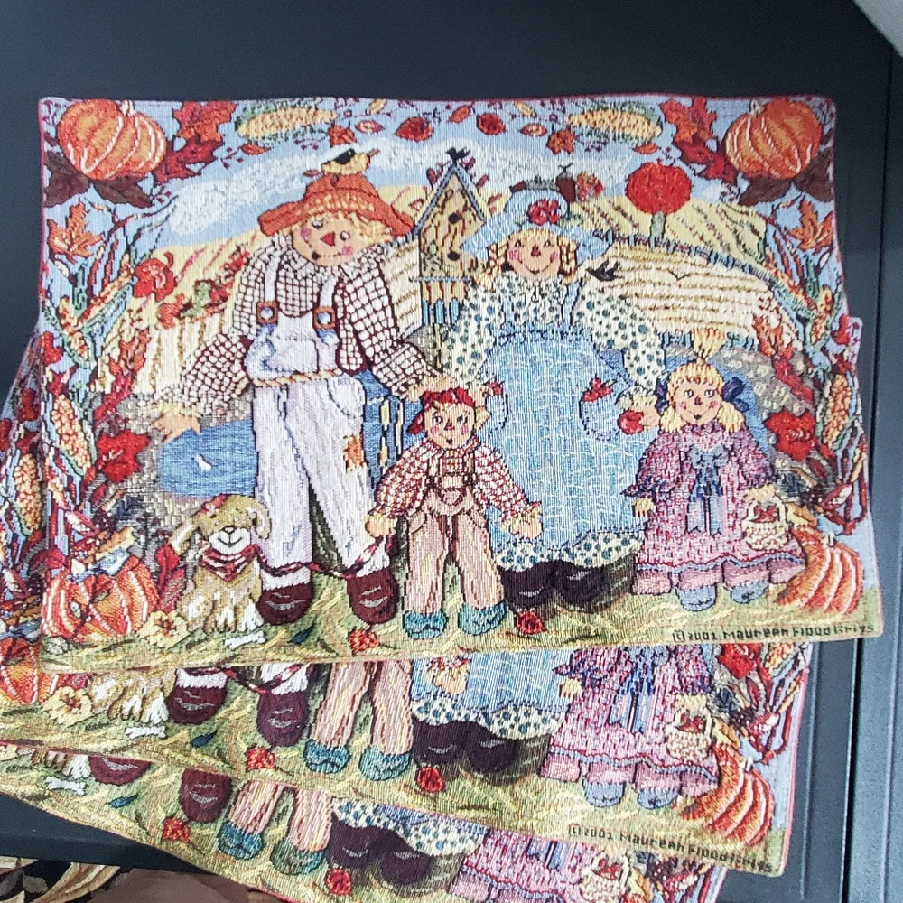 4 Scarecrow Placemats By Grigs Fall Autumn Pumpkins Dog Tapestry Cute 2001 Vtg